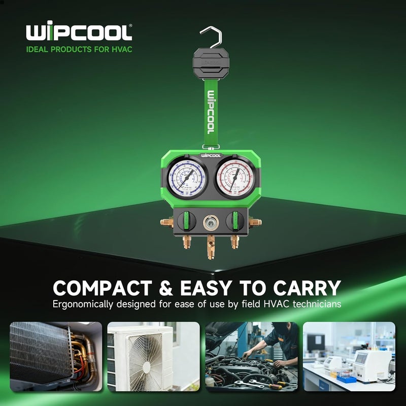 WIPCOOL Manifold Gauge Kits for R22 R410A/R32 R404A R407C Air Conditioning Refrigerants, with Sight Glass 3 * 1/4" SAE Ports, Shockproof Integrated Design - Image 5